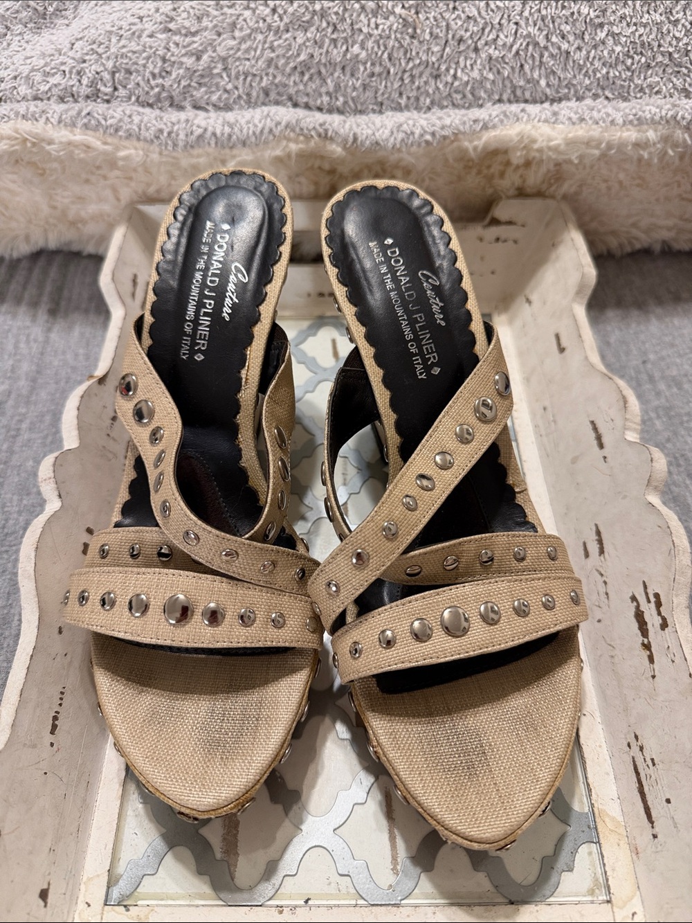 Donald J. Pliner Tan Studded Canvas Slide Sandals 7.5N